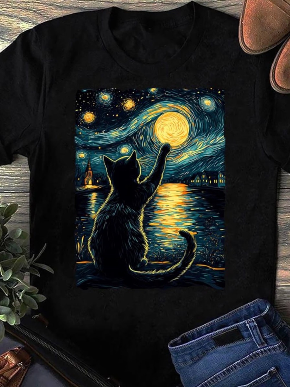 Black Cat Starry Night Art Tee